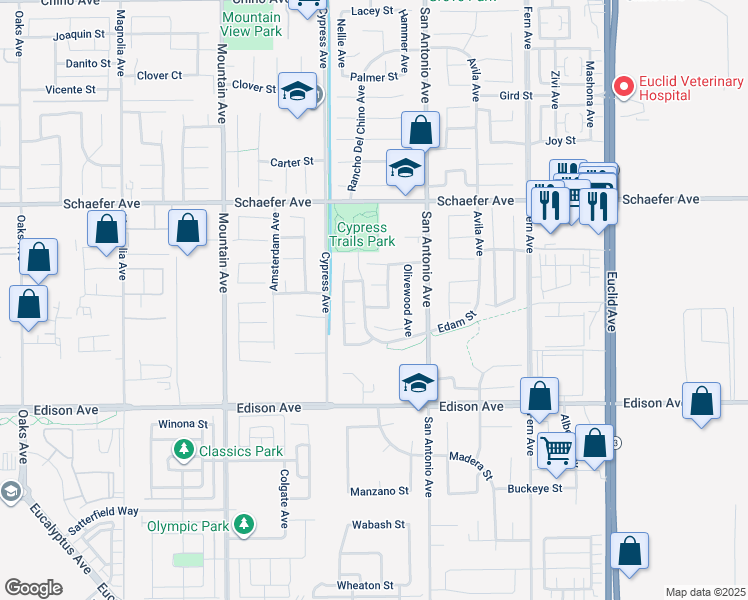 map of restaurants, bars, coffee shops, grocery stores, and more near 6596 Elm Street in Chino