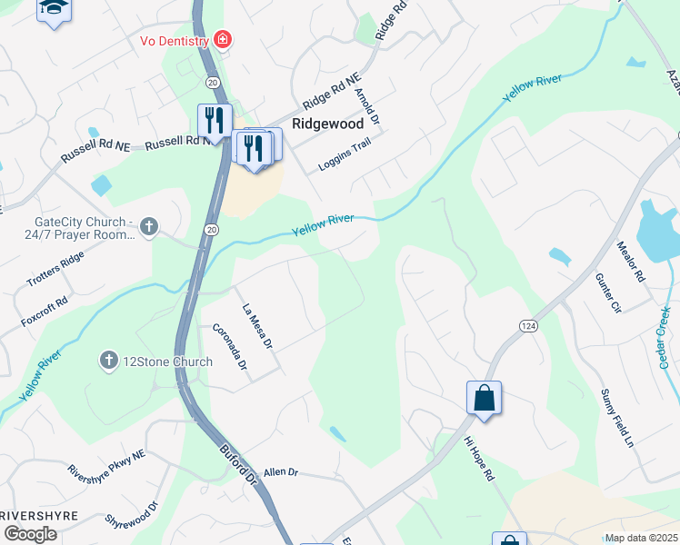 map of restaurants, bars, coffee shops, grocery stores, and more near 738 Lauren Circle in Lawrenceville