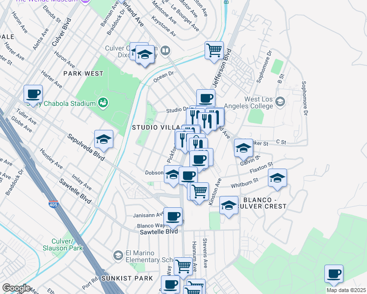 map of restaurants, bars, coffee shops, grocery stores, and more near 10835 Jefferson Boulevard in Culver City