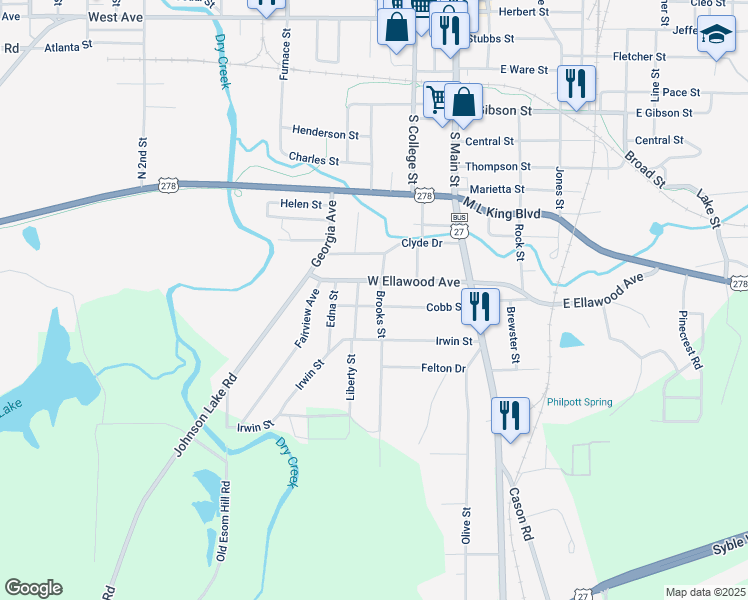 map of restaurants, bars, coffee shops, grocery stores, and more near 1116 Brooks Street in Cedartown