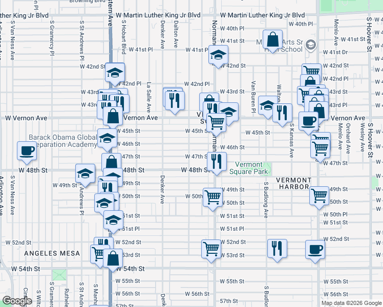 map of restaurants, bars, coffee shops, grocery stores, and more near 1459 West 47th Street in Los Angeles