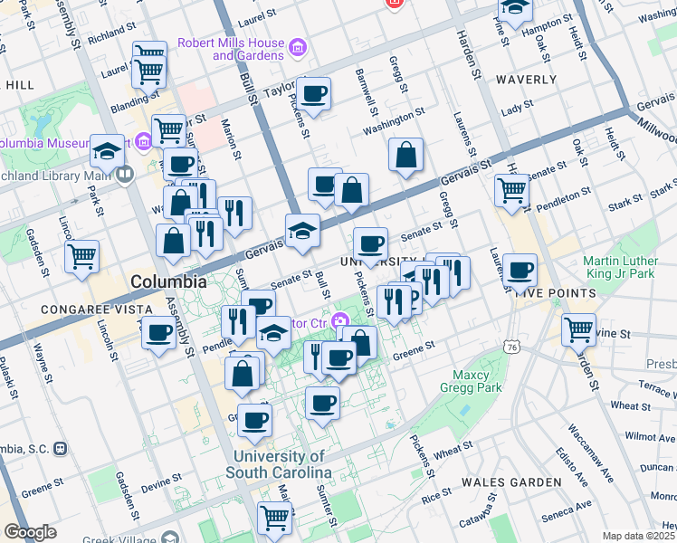 map of restaurants, bars, coffee shops, grocery stores, and more near 1501 Pendleton Street in Columbia