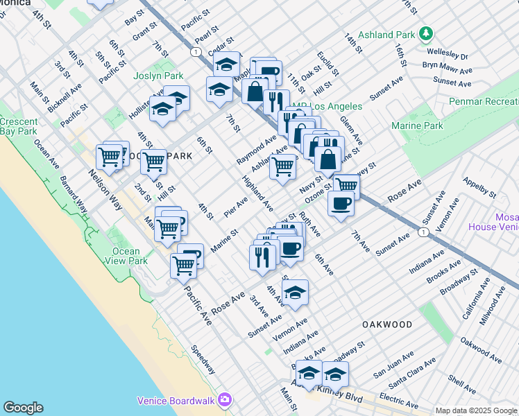 map of restaurants, bars, coffee shops, grocery stores, and more near 609 Marine Street in Santa Monica