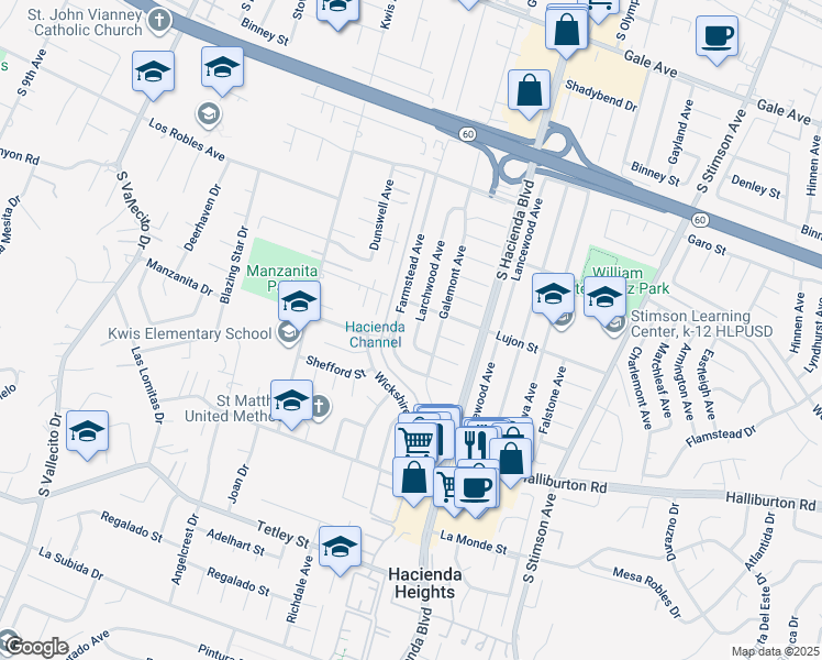 map of restaurants, bars, coffee shops, grocery stores, and more near 1727 Larchwood Avenue in Hacienda Heights