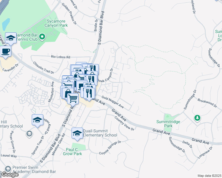 map of restaurants, bars, coffee shops, grocery stores, and more near 23630 Monument Canyon Drive in Diamond Bar