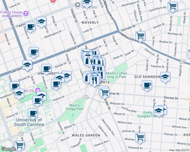 map of restaurants, bars, coffee shops, grocery stores, and more near 901 Harden Street in Columbia