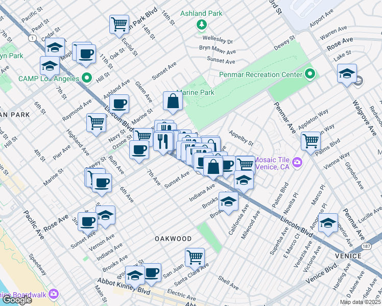 map of restaurants, bars, coffee shops, grocery stores, and more near 823 Flower Avenue in Los Angeles