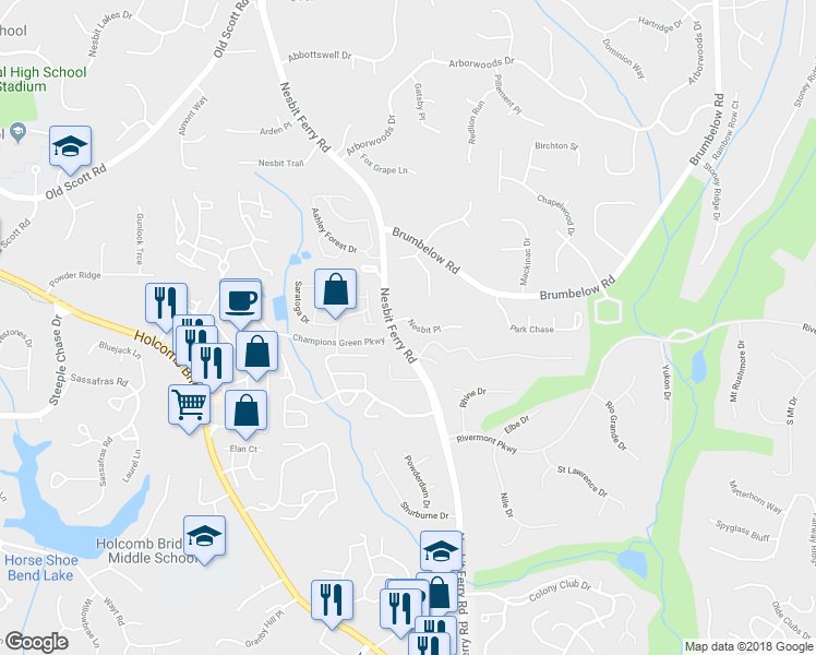 map of restaurants, bars, coffee shops, grocery stores, and more near 53 Nesbit Place in Alpharetta