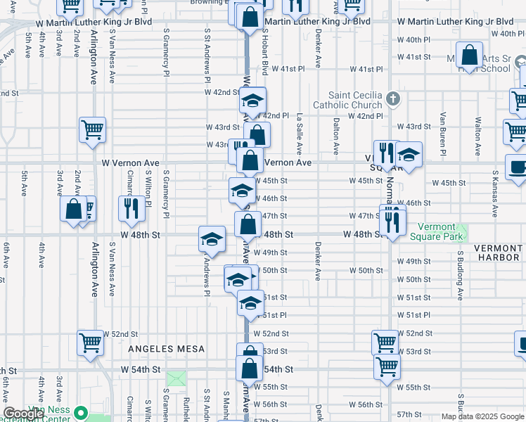 map of restaurants, bars, coffee shops, grocery stores, and more near 1633 East 47th Street in Los Angeles