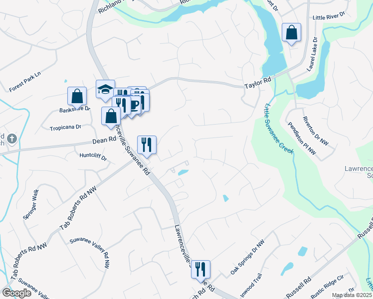 map of restaurants, bars, coffee shops, grocery stores, and more near 442 John Stewart Place in Suwanee