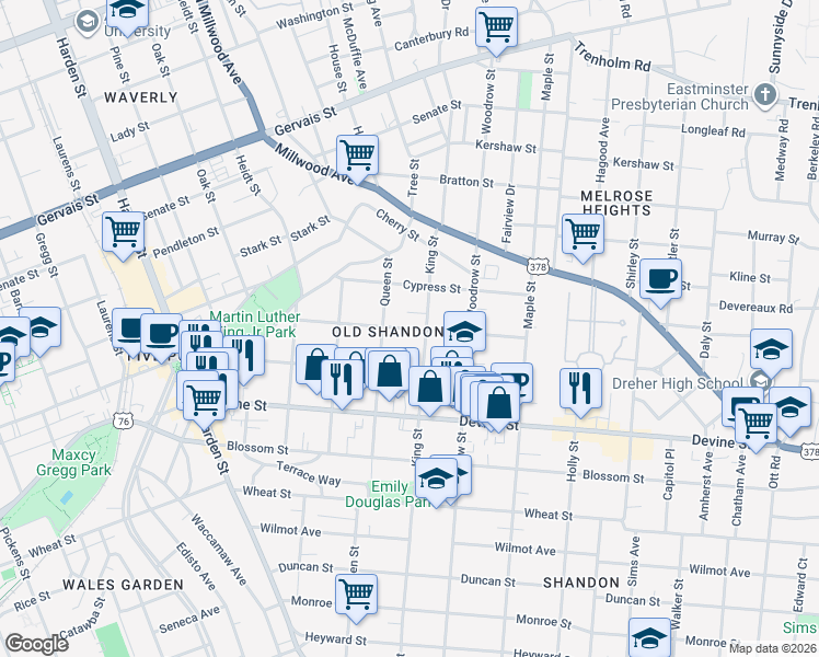 map of restaurants, bars, coffee shops, grocery stores, and more near 2528 Preston Street in Columbia