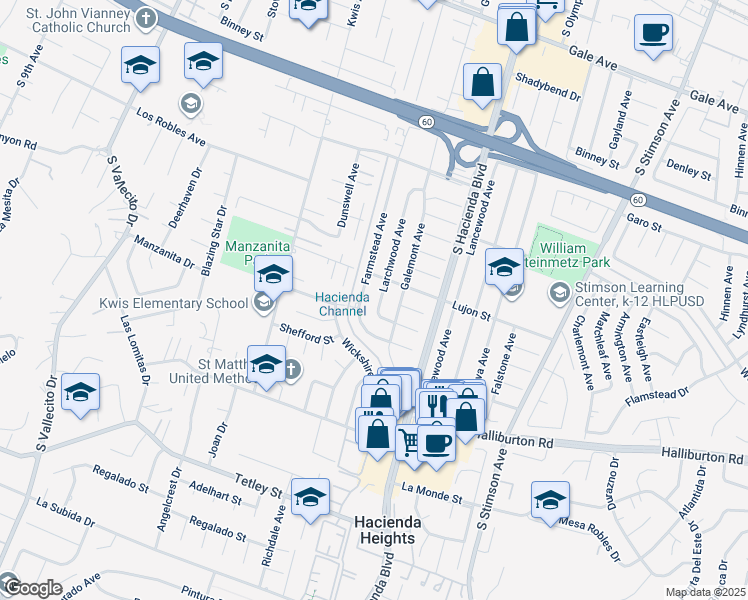 map of restaurants, bars, coffee shops, grocery stores, and more near 1727 Larchwood Avenue in Hacienda Heights