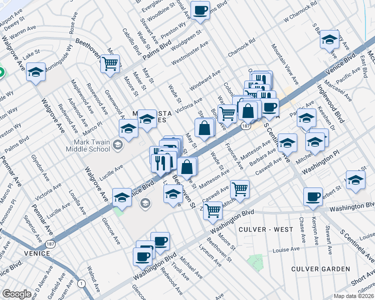 map of restaurants, bars, coffee shops, grocery stores, and more near 3767 May Street in Los Angeles