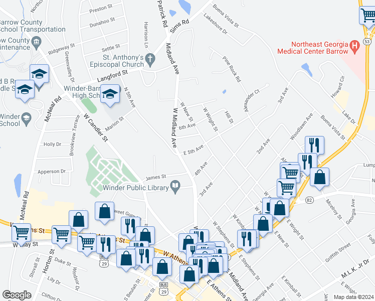 map of restaurants, bars, coffee shops, grocery stores, and more near 210 East 5th Avenue in Winder