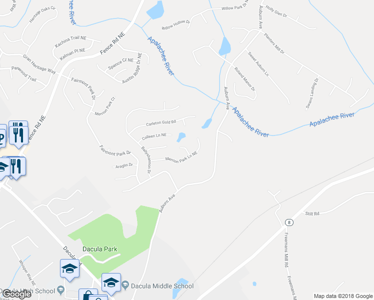 map of restaurants, bars, coffee shops, grocery stores, and more near Reliance Way Northeast in Dacula