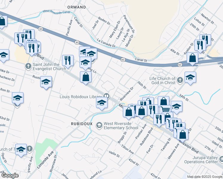 map of restaurants, bars, coffee shops, grocery stores, and more near 5875 Mission Boulevard in Riverside