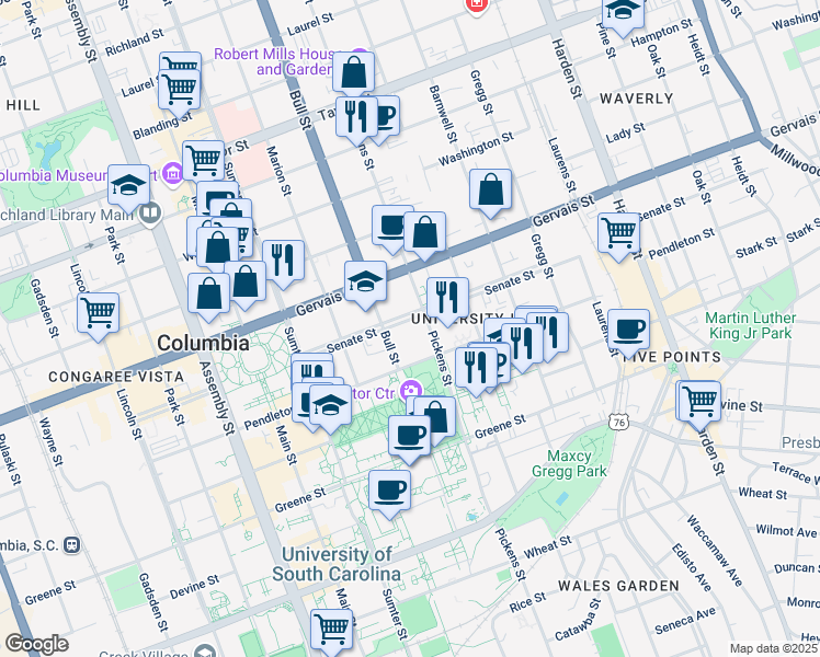 map of restaurants, bars, coffee shops, grocery stores, and more near 1527 Senate Street in Columbia