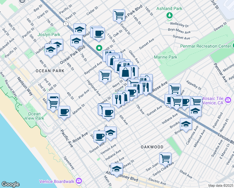map of restaurants, bars, coffee shops, grocery stores, and more near 201 Bernard Avenue in Los Angeles