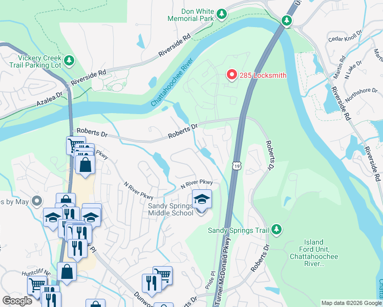 map of restaurants, bars, coffee shops, grocery stores, and more near 8985 Carroll Manor Drive in Atlanta