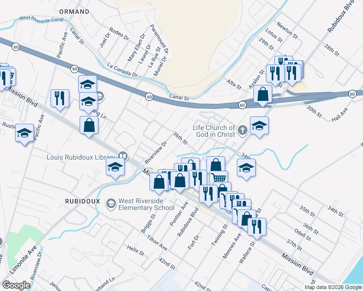 map of restaurants, bars, coffee shops, grocery stores, and more near 5790 36th Street in Riverside
