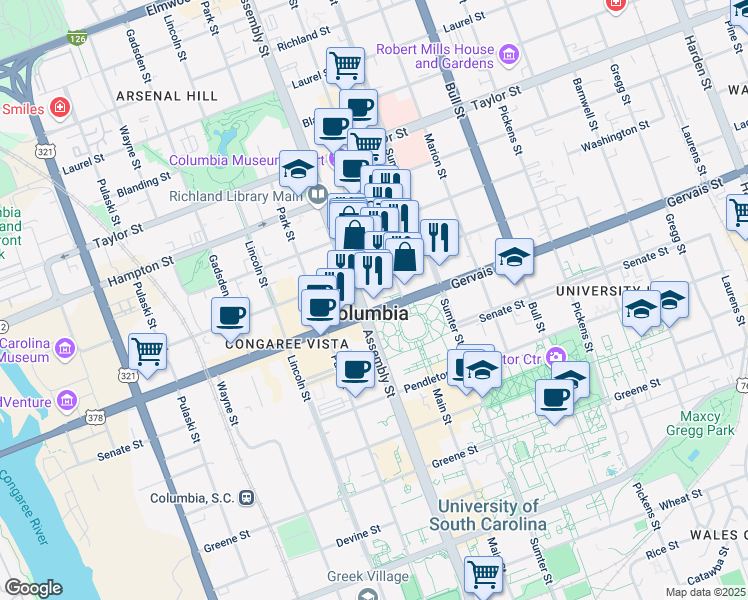 map of restaurants, bars, coffee shops, grocery stores, and more near 1122 Lady Street in Columbia
