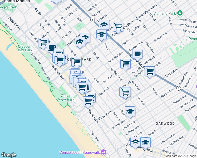 map of restaurants, bars, coffee shops, grocery stores, and more near 2901 4th Street in Santa Monica