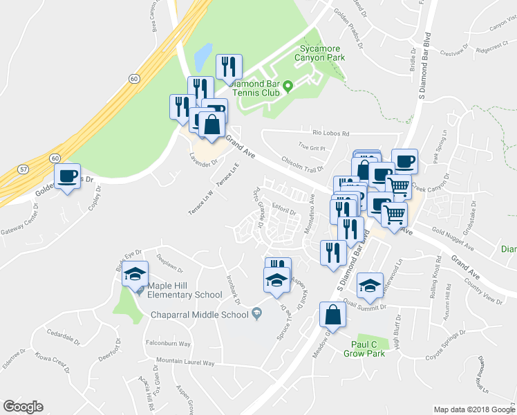 map of restaurants, bars, coffee shops, grocery stores, and more near 22811 Chardonnay Drive in Diamond Bar
