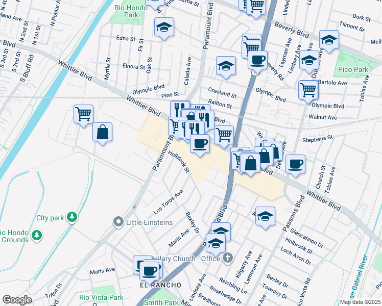 map of restaurants, bars, coffee shops, grocery stores, and more near 8648 Whittier Boulevard in Pico Rivera