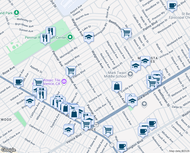 map of restaurants, bars, coffee shops, grocery stores, and more near 2008 Louella Avenue in Los Angeles