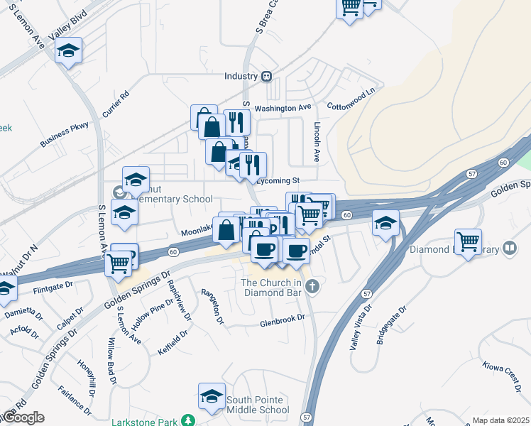 map of restaurants, bars, coffee shops, grocery stores, and more near 20975 Northampton Street in Walnut