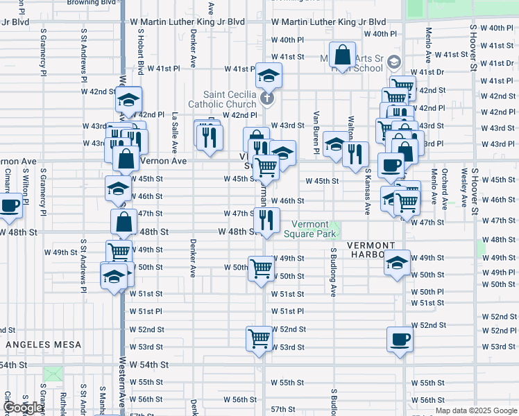 map of restaurants, bars, coffee shops, grocery stores, and more near 4527 Normandie Avenue in Los Angeles