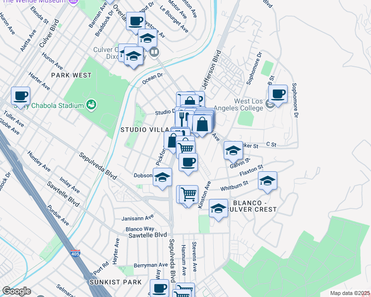 map of restaurants, bars, coffee shops, grocery stores, and more near 10742 Jefferson Boulevard in Culver City