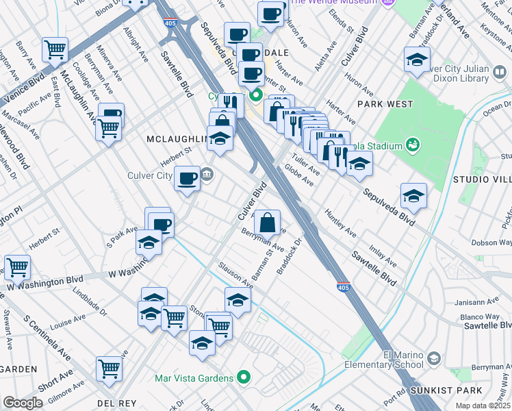 map of restaurants, bars, coffee shops, grocery stores, and more near 4313 Sawtelle Boulevard in Culver City