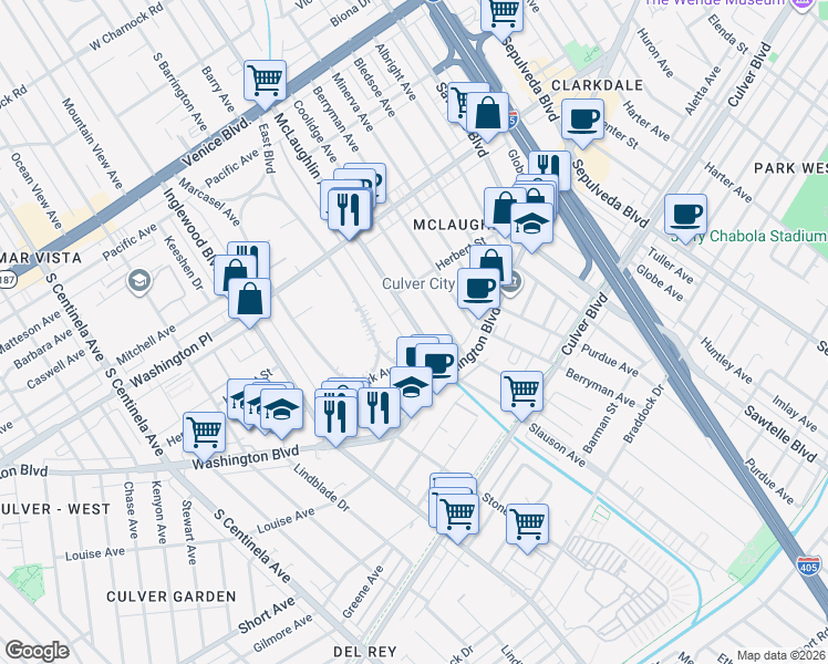 map of restaurants, bars, coffee shops, grocery stores, and more near 4130 McLaughlin Avenue in Los Angeles