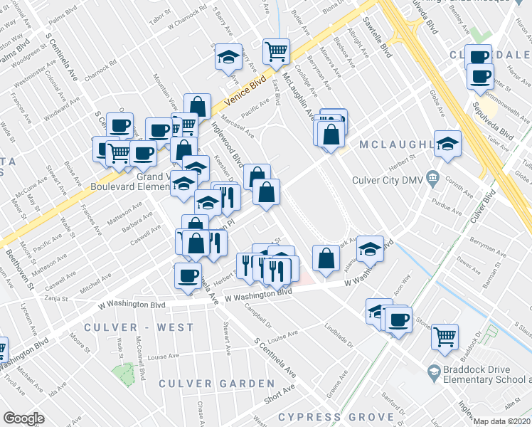 map of restaurants, bars, coffee shops, grocery stores, and more near in Los Angeles