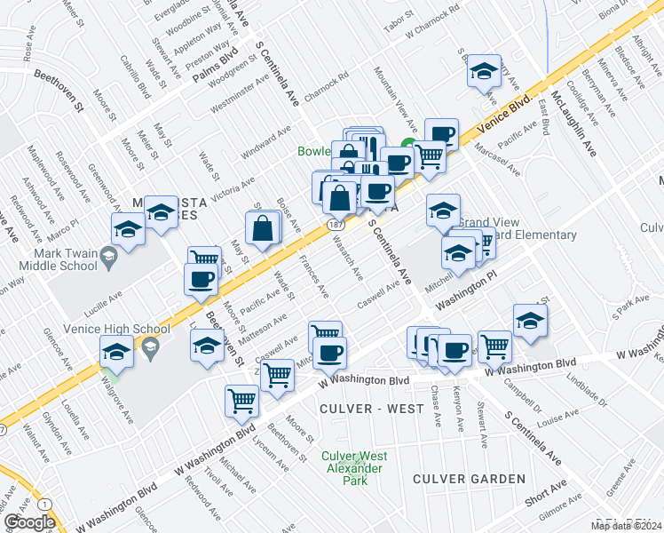map of restaurants, bars, coffee shops, grocery stores, and more near 12518 Venice Boulevard in Los Angeles
