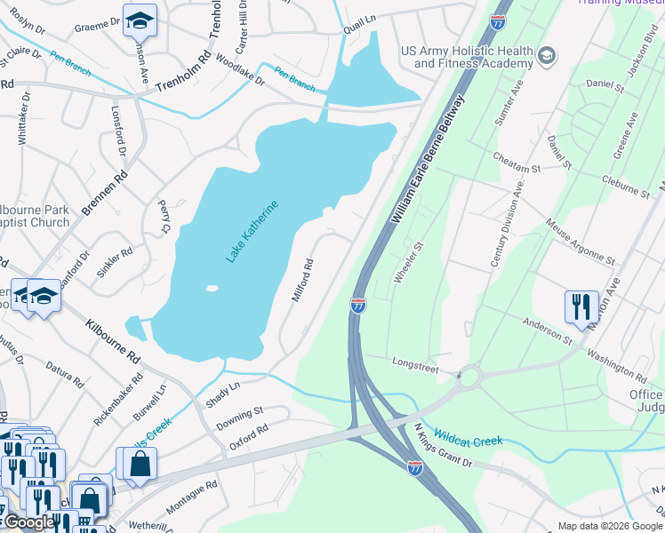 map of restaurants, bars, coffee shops, grocery stores, and more near 1610 Milford Road in Columbia