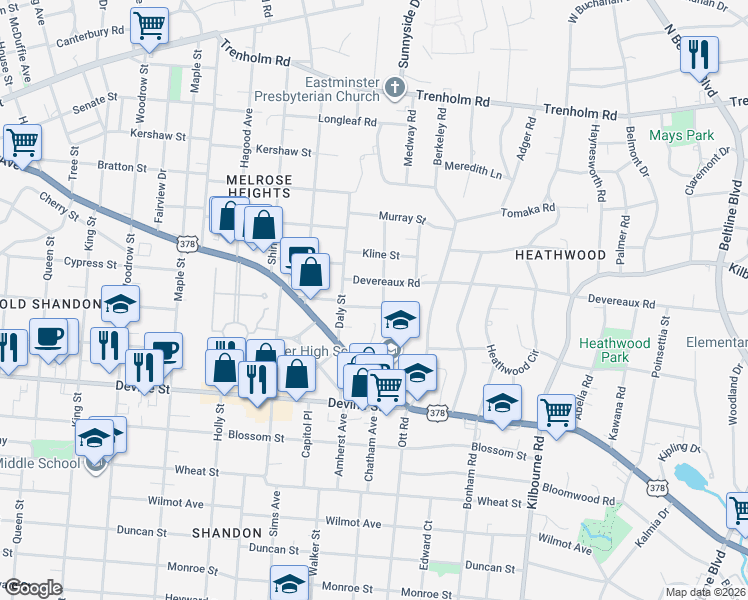 map of restaurants, bars, coffee shops, grocery stores, and more near 1102 Princeton Street in Columbia