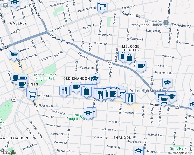 map of restaurants, bars, coffee shops, grocery stores, and more near 6 Woodrow Street in Columbia