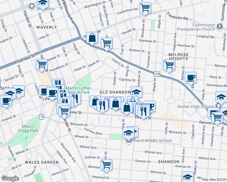 map of restaurants, bars, coffee shops, grocery stores, and more near 917 Queen Street in Columbia