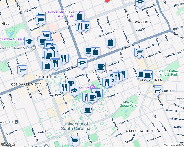 map of restaurants, bars, coffee shops, grocery stores, and more near 1527 Senate Street in Columbia