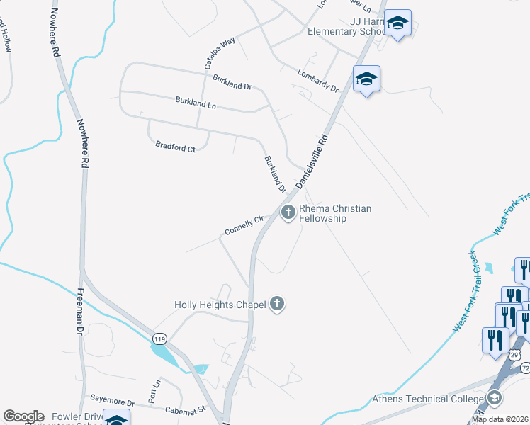 map of restaurants, bars, coffee shops, grocery stores, and more near 1815 Danielsville Road in Athens