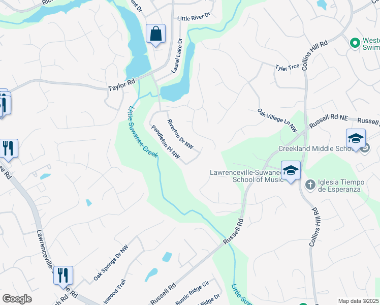 map of restaurants, bars, coffee shops, grocery stores, and more near 1812 Riverton Drive Northwest in Suwanee