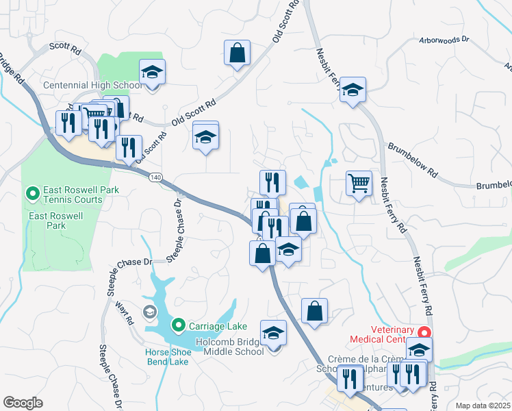 map of restaurants, bars, coffee shops, grocery stores, and more near 1075 Township Square in Alpharetta
