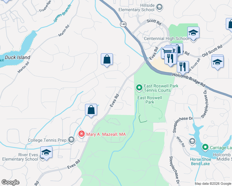 map of restaurants, bars, coffee shops, grocery stores, and more near 100 Glen Holly Drive in Roswell