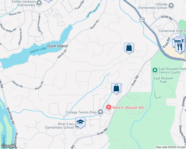 map of restaurants, bars, coffee shops, grocery stores, and more near 9122 Eves Circle in Roswell