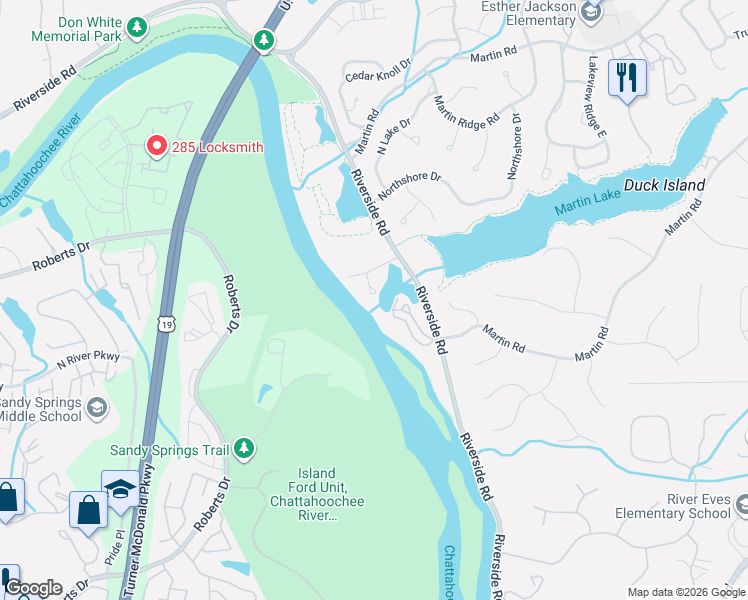 map of restaurants, bars, coffee shops, grocery stores, and more near 3020 Riverside Road in Roswell