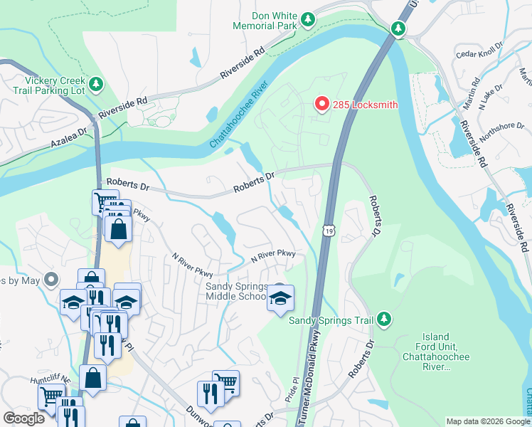 map of restaurants, bars, coffee shops, grocery stores, and more near 8985 Carroll Manor Drive in Atlanta