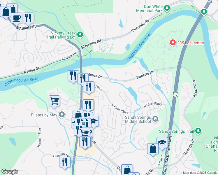 map of restaurants, bars, coffee shops, grocery stores, and more near 9650 Roberts Drive in Atlanta