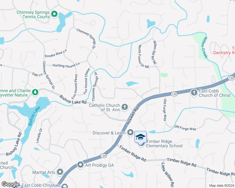 map of restaurants, bars, coffee shops, grocery stores, and more near 2061 Bishop Creek Drive in Marietta